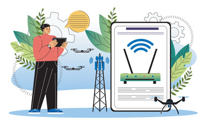 Man with wifi router. Young guy near internet tower. 5g internet, wireless connection. Person with device for wi fi connection. Flat vector illustration