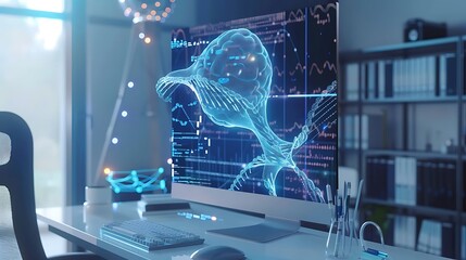 Poster - A holographic display of neurons and DNA floating above a minimalist desk setup in a modern office