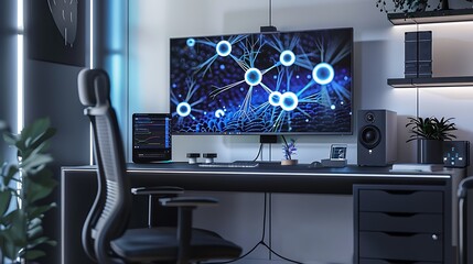 Poster - A holographic display of neurons and DNA floating above a minimalist desk setup in a modern office