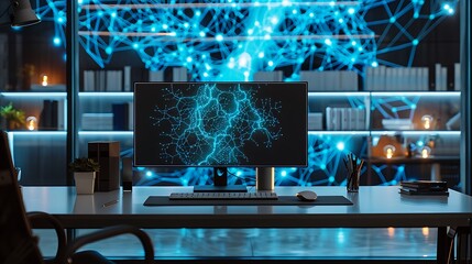 Poster - A holographic display of neurons and DNA floating above a minimalist desk setup in a modern office