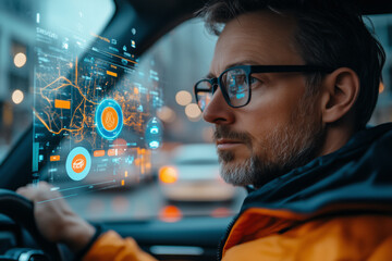 Aufkleber - User engages with innovative car application while driving in urban traffic