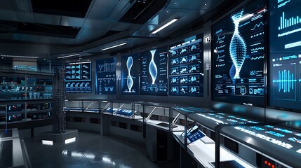 Poster - A modern research facility with multiple digital displays, each showing different sections of a DNA sequence