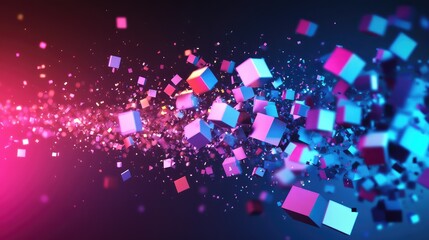 Wall Mural - A burst of neon pixel blocks breaking apart in mid-air, with glowing edges in electric blues, pinks, and purples