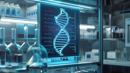 Poster - A modern conference room with a large screen showing a detailed neural activity chart and DNA sequencing animation