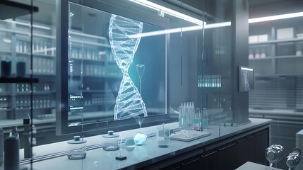 Poster - A modern conference room with a large screen showing a detailed neural activity chart and DNA sequencing animation