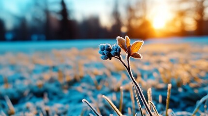 Wall Mural - A close-up of a frosted plant against a vibrant sunrise, highlighting the delicate icy textures on the leaves and buds in a serene winter landscape.