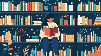 Poster - Creative illustration student engaging with book icons in an immersive library space