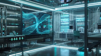 Poster - A modern conference room with a large screen showing a detailed neural activity chart and DNA sequencing animation