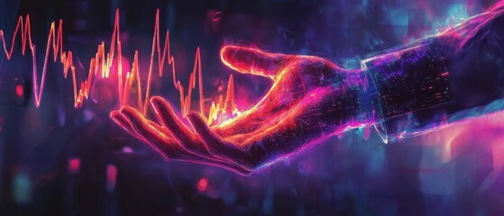 Poster - Digital heartbeat patterns merging with hands futuristic environment abstract art emotional concept