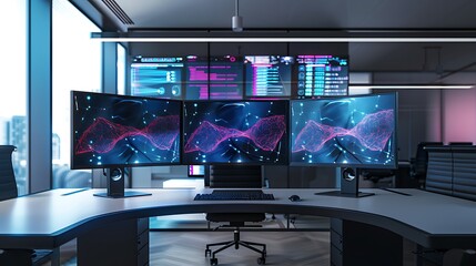 Poster - A modern workspace with multiple monitors displaying different angles of a 3D DNA model and neural networks
