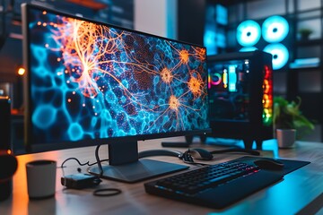 Poster - A sleek computer screen showing a detailed 3D model of neurons with synapses highlighted in vibrant colors