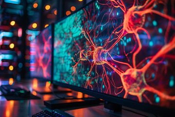 Poster - A sleek computer screen showing a detailed 3D model of neurons with synapses highlighted in vibrant colors