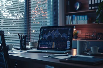 Poster - A sleek office desk with a laptop displaying a detailed genome sequencing map and neural activity chart