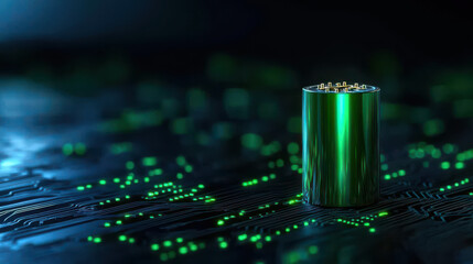 Leinwandbilder - A glowing green cylinder sits on a circuit board, illuminated by bright green lights, symbolizing technology and innovation.
