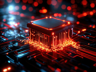Leinwandbilder - A glowing microchip surrounded by vibrant circuitry, symbolizing advanced technology and innovation.