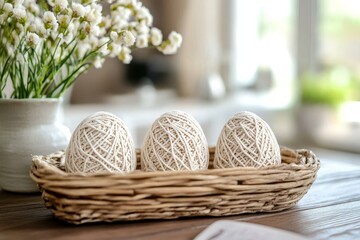 Poster - Natural decor: three yarn-wrapped eggs in a woven tray with white flowers