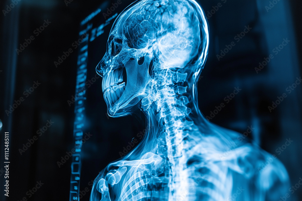 luminous holographic x ray image of human skull and spine, showcasing ...