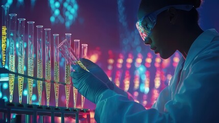 Poster - Exploring dna patterns close-up of scientist's work in colorful test tubes and biotechnology