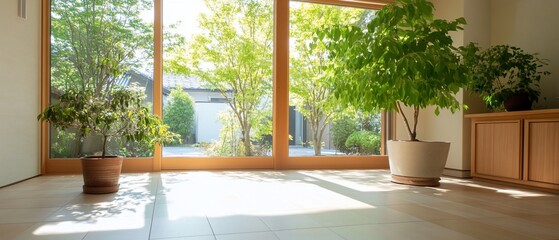 Wall Mural - Bright indoor space with plants and large windows showcasing nature.