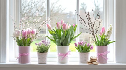 Canvas Print - Spring floral arrangement with tulips and blossoms on windowsill