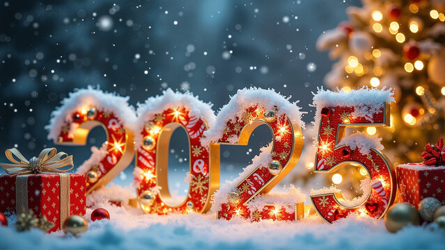 Festive Christmas Wonderland 2025: Bold Numbers, Twinkling Tree, Falling Snow, Ornaments, and Holiday Cheer