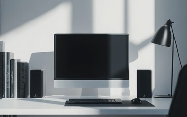 Wall Mural - A photorealistic close-up of an computer on a white desk, set in a black and white modern interior with a black lamp, books, a white wall, and a black screen mockup