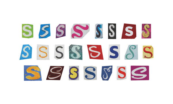 Set of cut-out letter “S” from magazines on a transparent background, retro y2k ransom font style