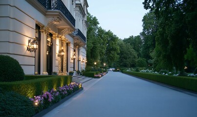 Wall Mural - Elegant garden pathway leading to a grand building at dusk.