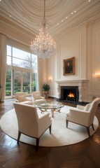 Wall Mural - Elegant living room with a chandelier and fireplace.