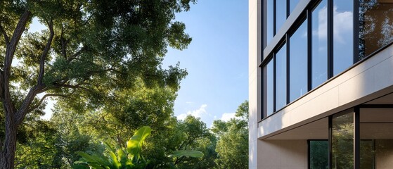 Wall Mural - Modern building corner amidst lush greenery and clear blue sky.