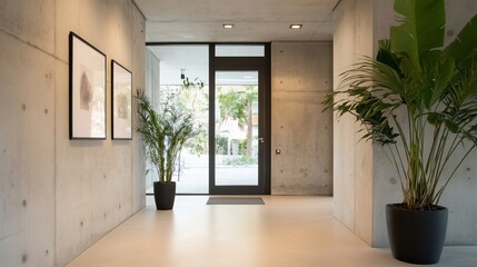 Wall Mural - Modern entrance hall with plants and artwork on concrete walls.