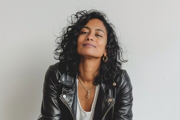 Wall Mural - Portrait of a blissful indian woman in her 30s sporting a classic leather jacket over white background