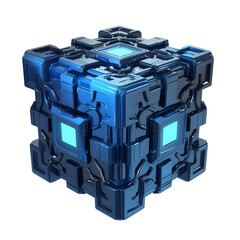 Poster - 3D metallic blue gift box with futuristic grid design, featuring glowing elements and intricate geometric patterns, creating modern and high tech appearance