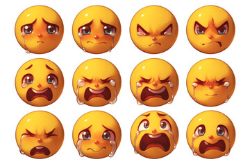 Poster - Various 3D cartoon crying face emojis with different expressions, isolated on white background, showcasing emotions like sadness, anger, and frustration