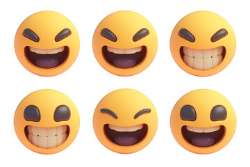 Poster - Various 3D cartoon grinning face emojis are isolated on white background, showcasing different expressions of joy and laughter. These vibrant and playful emojis convey happiness and amusement