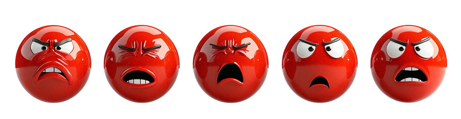 Poster - Various 3D cartoon red face emojis display range of angry expressions, isolated on white background. These expressive characters convey intense emotions through exaggerated features
