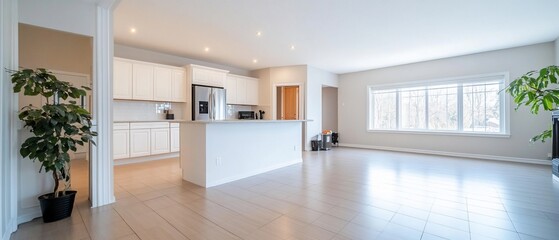 Canvas Print - Spacious modern kitchen and living area with natural light.