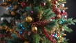 © Atittaya - A densely packed bundle of multicolored tinsel strands tied to the top of a small Christmas tree , festive accents, decorative bundles, colorful threads