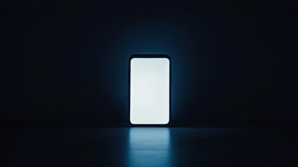 Poster - Minimalistic smartphone with illuminated blank screen against dark background, ideal for technology presentations, digital marketing, or app showcase purposes