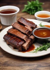 Wall Mural - Beef short ribs served with a side of au jus for dipping, fall off bone, au jus