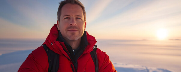 Wall Mural - confident polar explorer in a red parka stands in a snowy landscape at sunset, embodying the spirit 