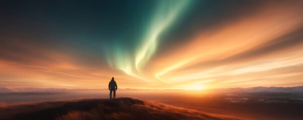Wall Mural - Hiker marveling at the dazzling aurora borealis and sunset against breathtaking mountains, immersed in the serene beauty of iceland or scandinavia's wilderness