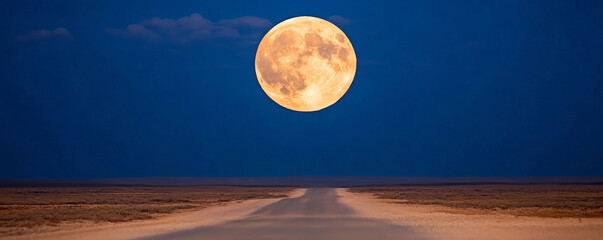 captivating full moon ascends over a desert highway at night, casting an otherworldly glow on the sc