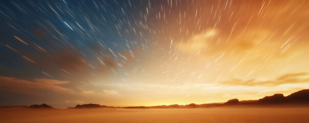 Wall Mural - Stunning star trails streaking across a vibrant orange sunset sky over a vast desert landscape in a long exposure shot