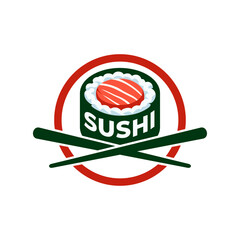 Sushi logo design emblem vector illustration template in circle simple icon of Japanese traditional food with chopstick