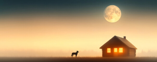 Wall Mural - Lone wolf howling at the full moon in a misty field near a warm, glowing wooden cabin