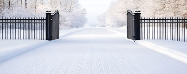 Wall Mural - enter a tranquil winter wonderland through an open gate, with a snow-covered driveway and frost-cove