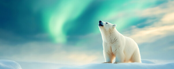 Wall Mural - majestic polar bear roars under the stunning aurora borealis in a snowy arctic landscape. surrounded
