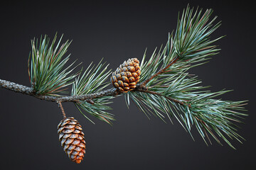 Canvas Print - Pine branch with cones against dark background highlighting texture