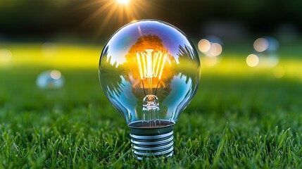 Canvas Print - A glowing vintage light bulb sits on vibrant green grass, illuminated by the warm sunlight, creating a serene and creative ambiance.